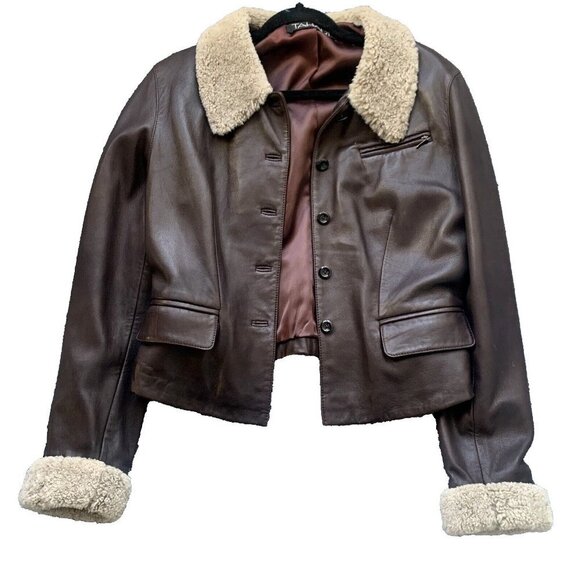Tahari Shearling Aviator Jacket Women Size S-M Brown Genuine Leather & Lamb Fur - Picture 1 of 11
